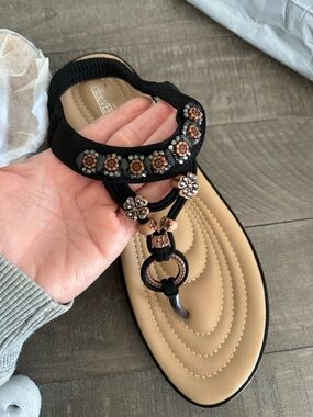 Bohemian Embellished Flat Sandal in Black by Shibever